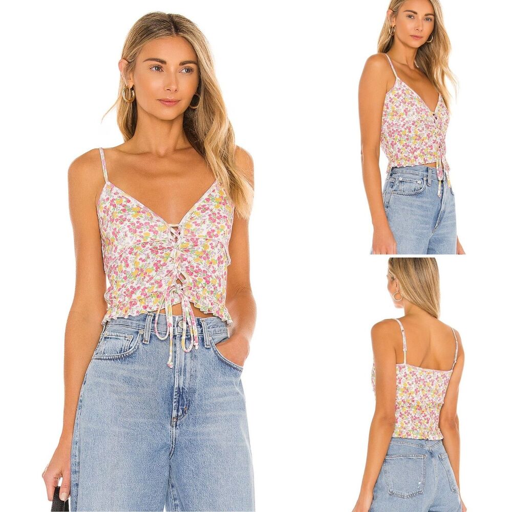 LoveShackFancy Sunny Cami Strawberry Cream Pink Top Lace Tie Straps XS NEW
